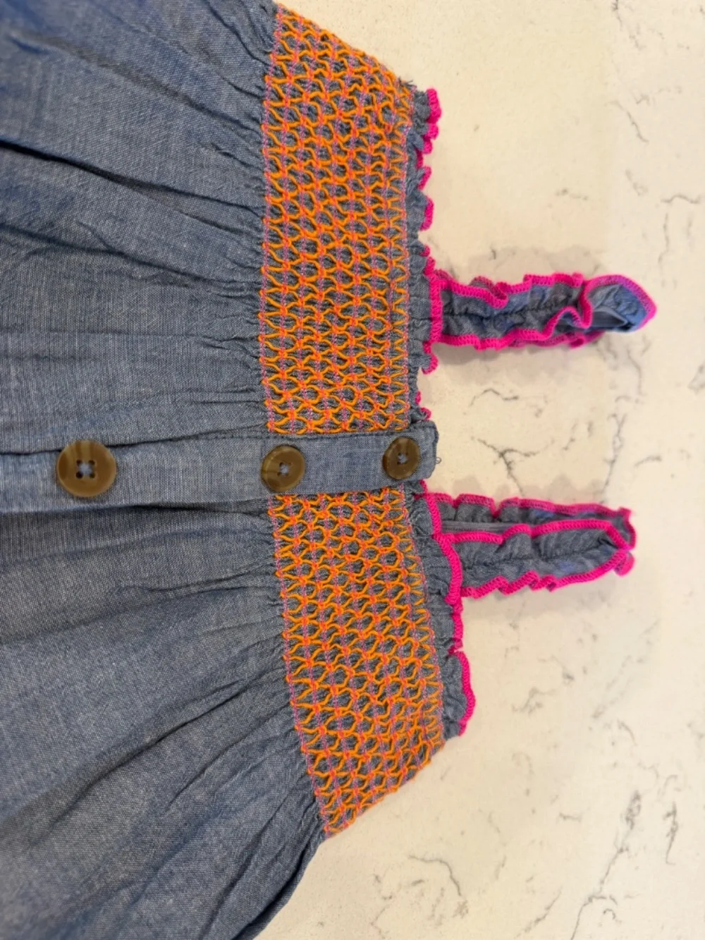 Girls Chambray Button-Front Skirted Bottom with Pink and Orange Smocked Waist
